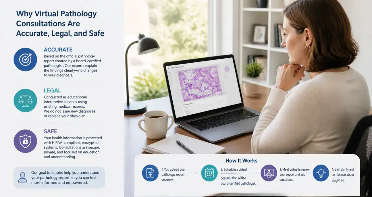 Infographic explaining why virtual pathology consultations are accurate, legal, and safe