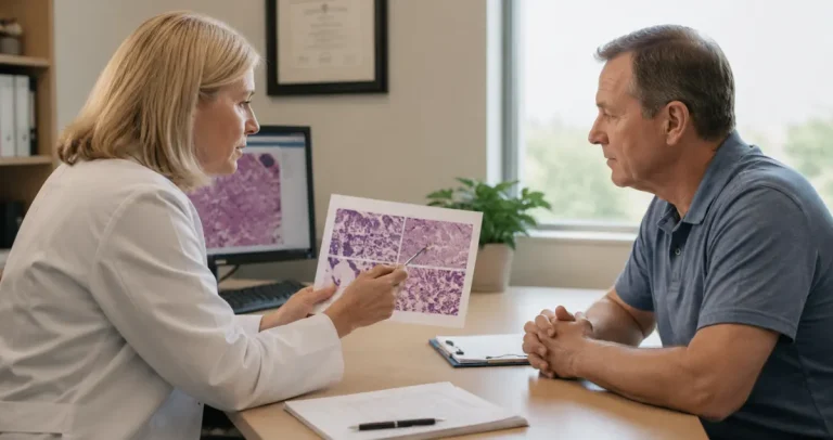 Pathologist discussing pathology consultation results with a patient in a medical office at Honest Pathology