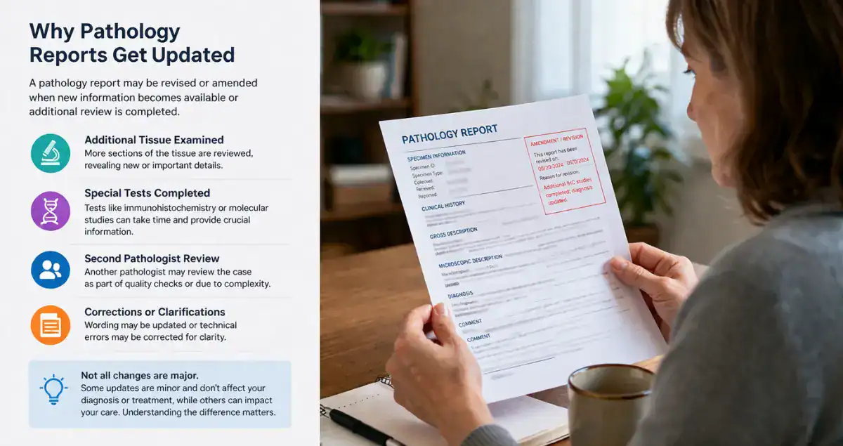 Patient reading an updated pathology report with amendment notice explaining revision reasons