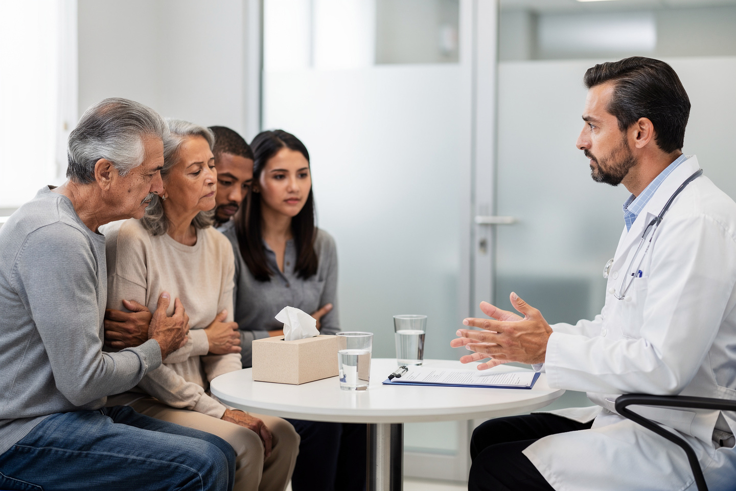A physician explains Autopsy cause of death findings to a grieving family in a quiet consultation room.