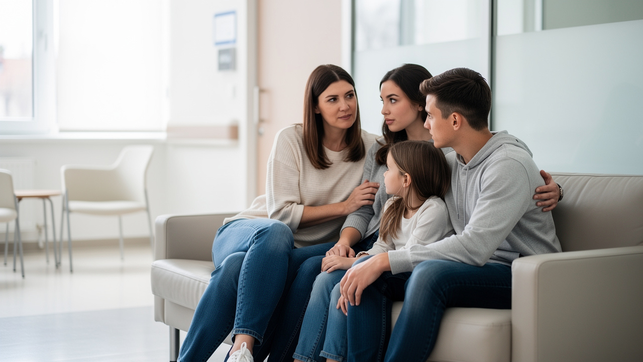 A family sits together while waiting for information about Autopsy cause of death results.