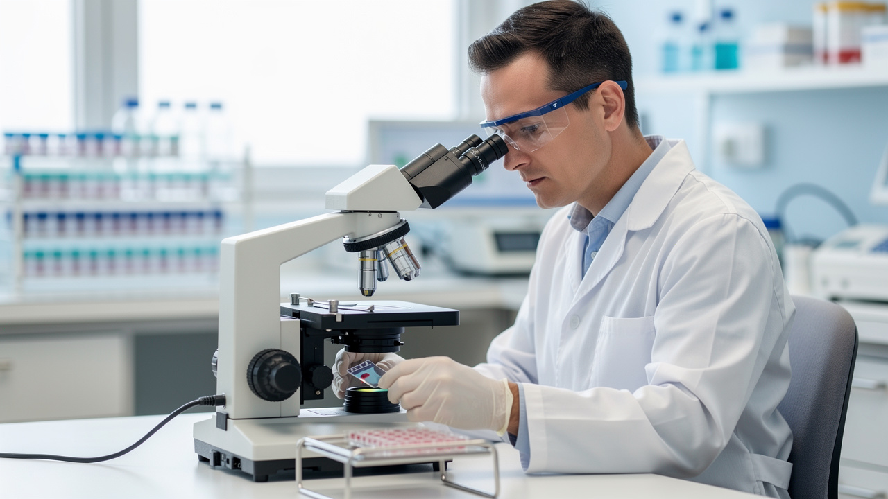 A pathologist reviews microscope slides while evaluating Autopsy cause of death evidence.