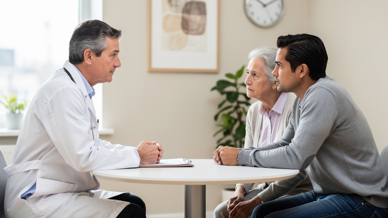 A doctor speaking gently with relatives about autopsy report questions in a quiet consultation room.