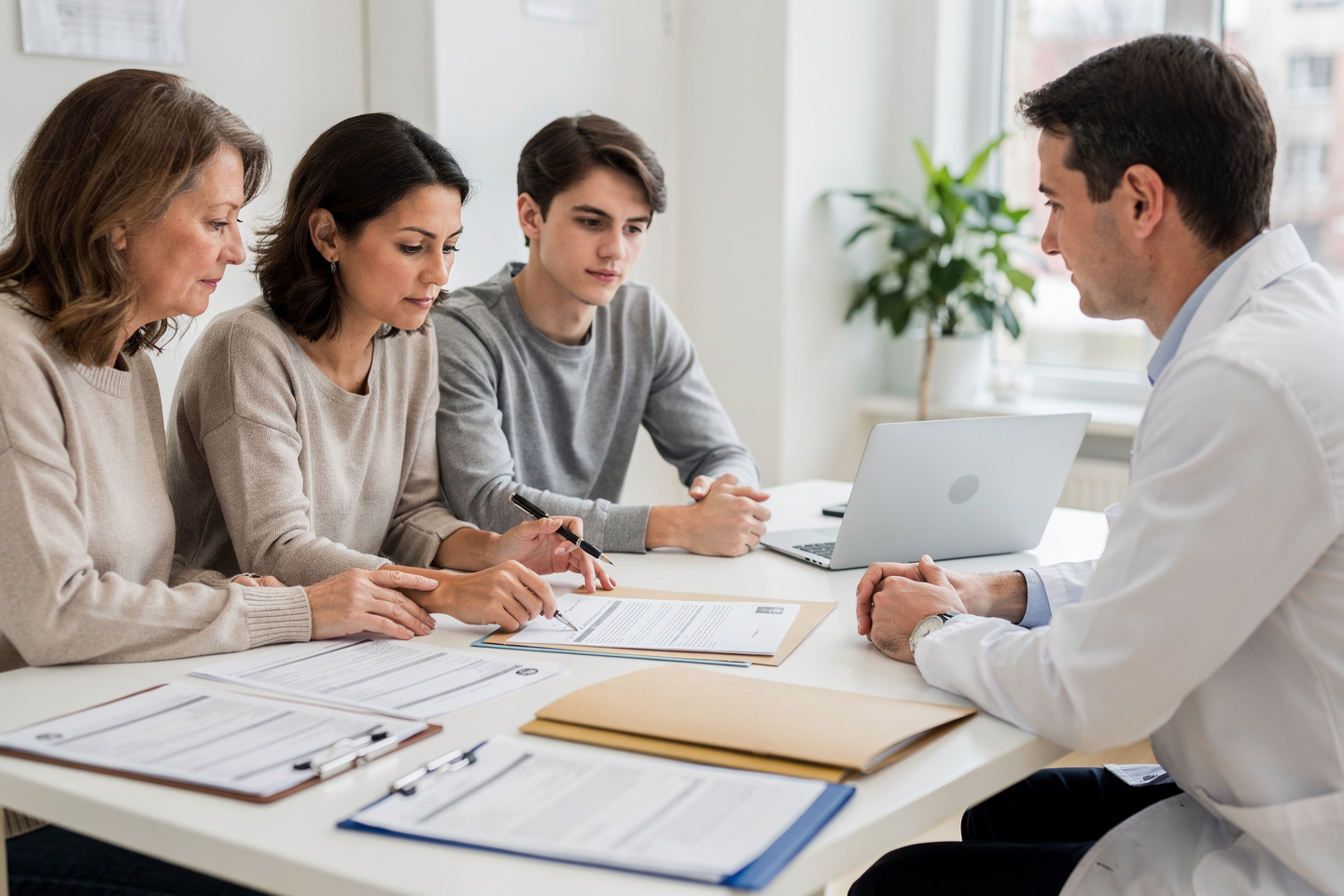 A family reviewing paperwork together while preparing autopsy report questions after a loss.