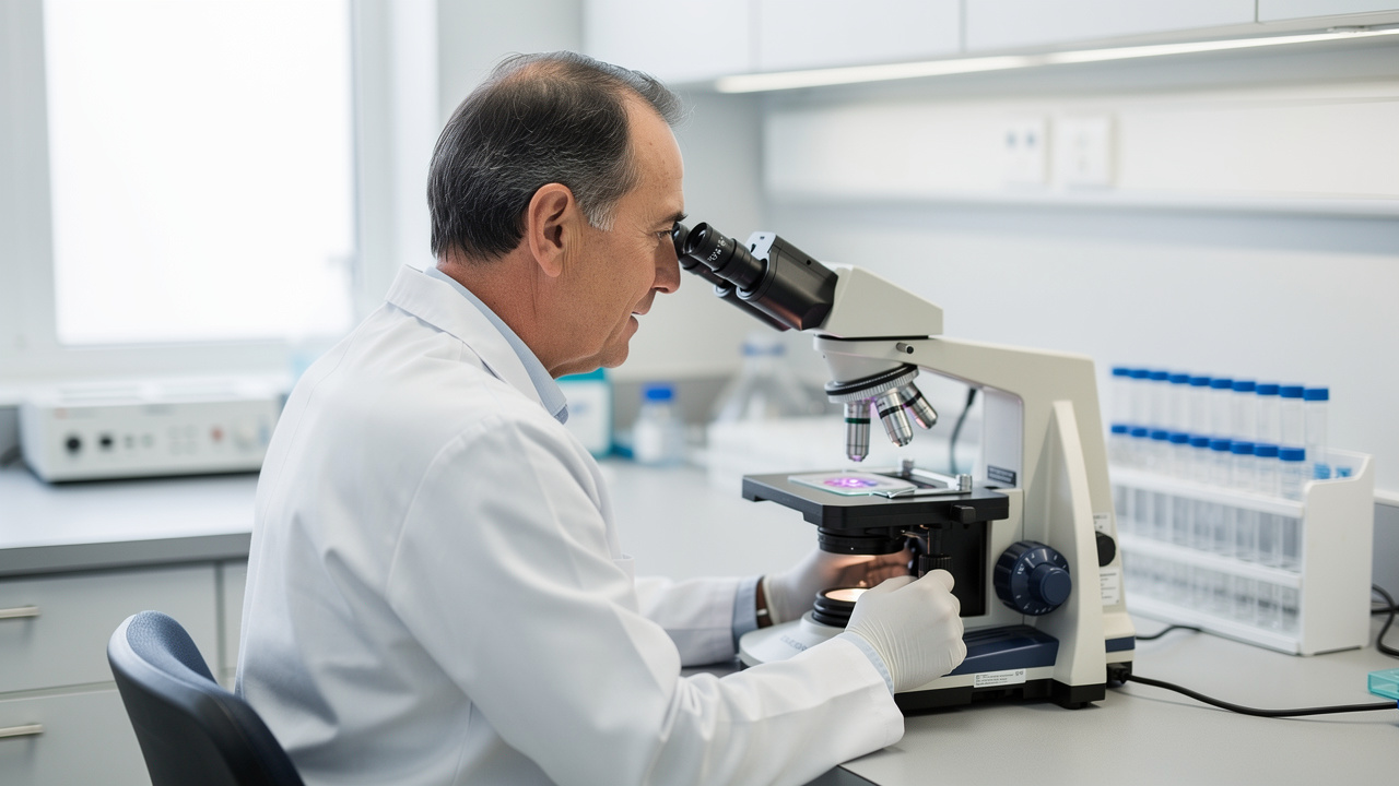 A pathologist at a microscope reviewing slides related to autopsy report questions.