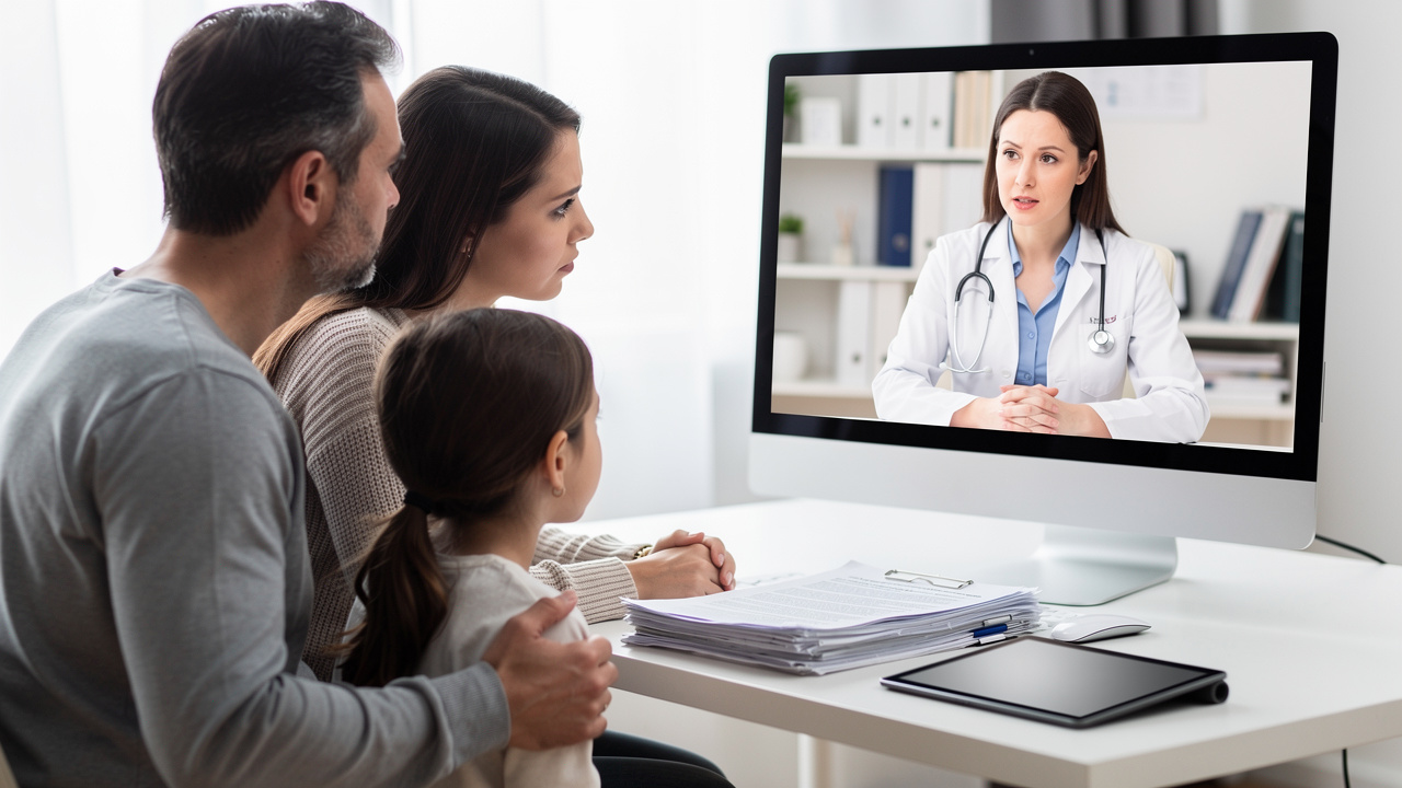A telemedicine consultation helping a family discuss autopsy report questions with a medical expert.