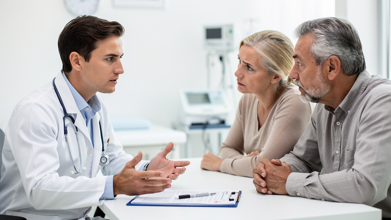 A physician explains medical records to relatives during an autopsy report review discussion.