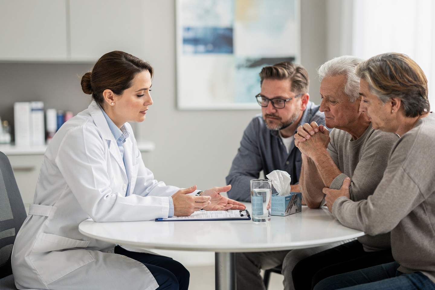 A compassionate doctor explains Autopsy report review to a grieving family in a quiet consultation room.