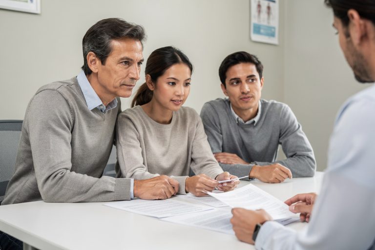 A family sits together reviewing papers while preparing for an autopsy report review.