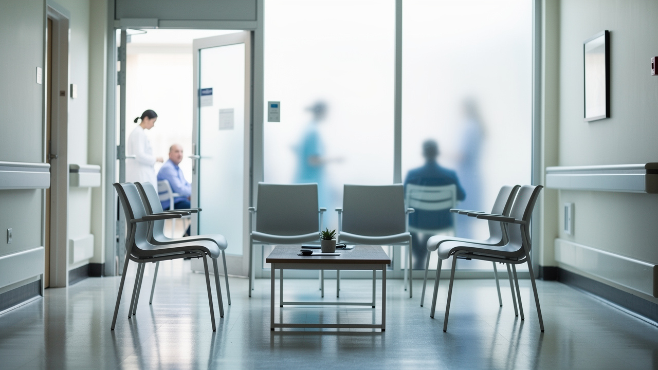 A quiet hospital waiting room reflects the emotional setting around Autopsy report review.
