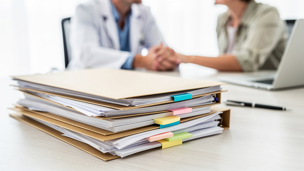 Organized medical records on a desk support Autopsy report review for a family seeking answers.