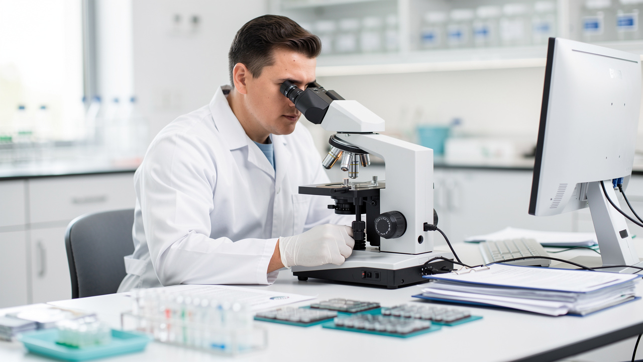 A pathologist works at a microscope as part of an autopsy report review process.