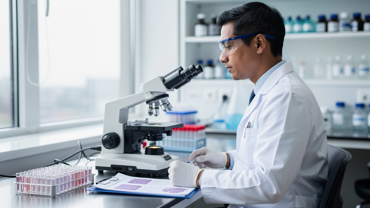 A pathologist reviews slides and records during Autopsy report review in a medical laboratory.