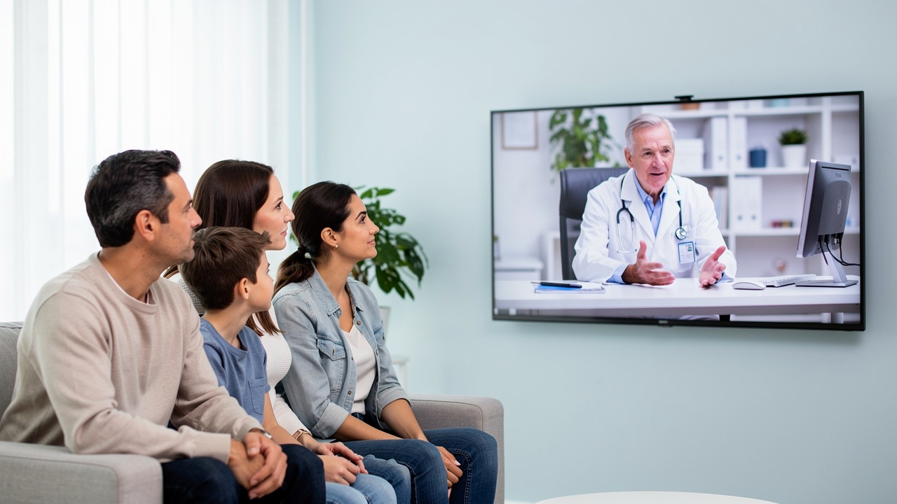 A family joins a telemedicine consultation to discuss an autopsy report review.