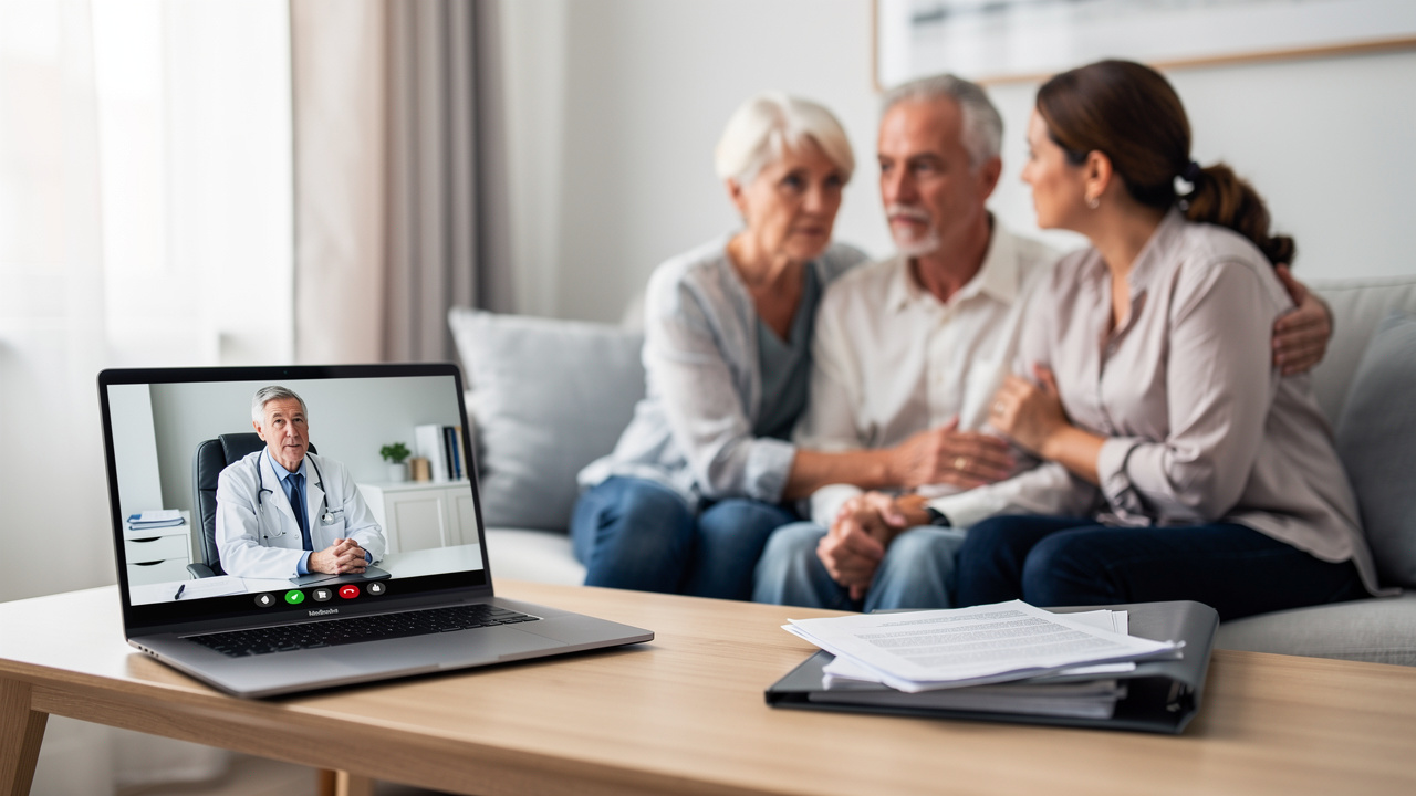 A family discusses Autopsy report review through a telemedicine consultation with a physician.