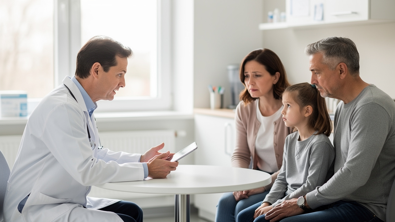 A doctor explaining Autopsy Toxicology Findings to grieving family members.