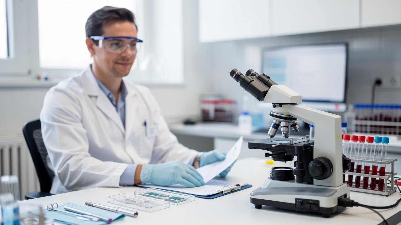 A pathologist in a laboratory reviewing information related to Autopsy Toxicology Findings.