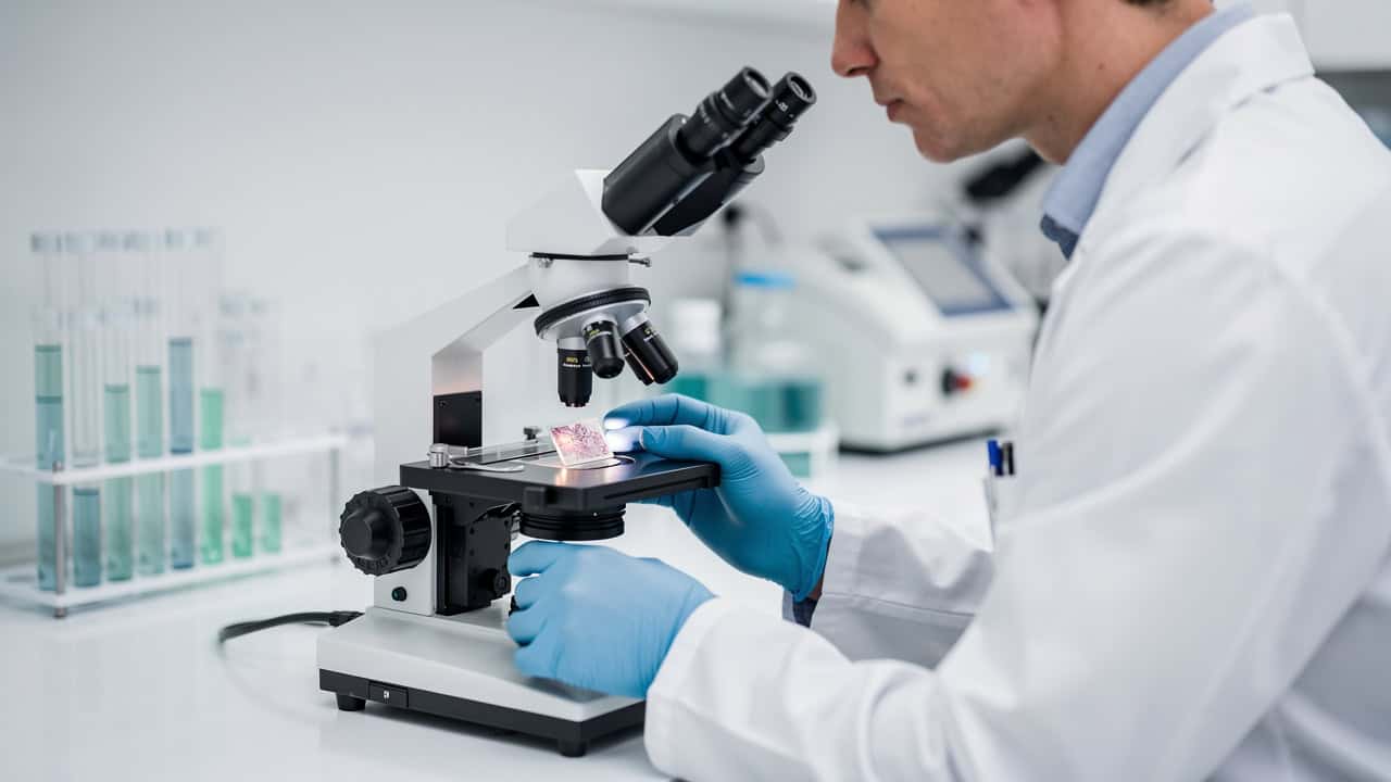 A pathologist reviews microscope findings for a Biopsy slide second opinion in a laboratory.