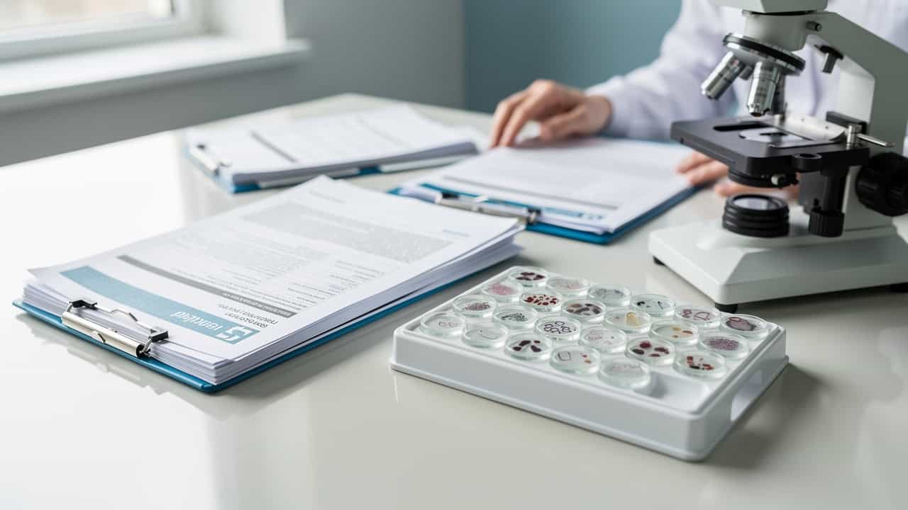 Medical records and reports are organized for a Biopsy slide second opinion consultation.
