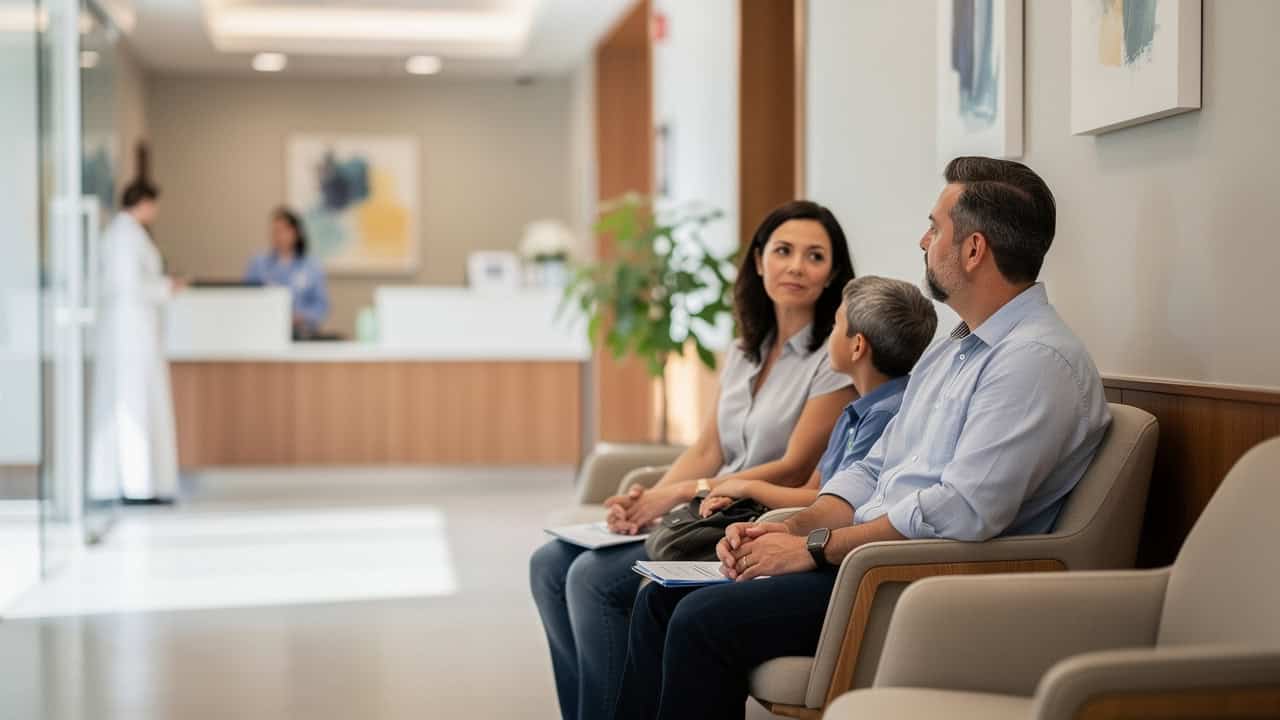 A family waits quietly while Biopsy slide second opinion materials are being reviewed.