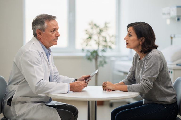 Cancer diagnosis second opinion discussed during a calm doctor and patient consultation.