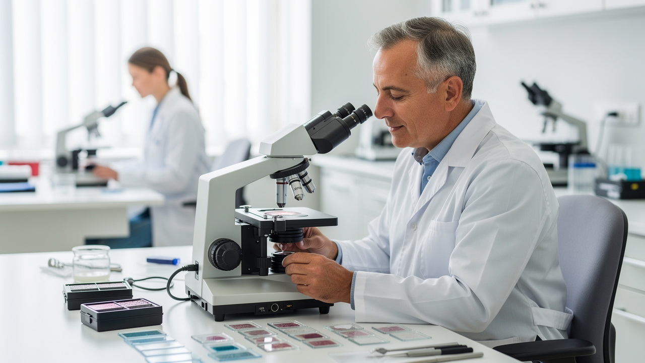 Cancer diagnosis second opinion supported by a pathologist reviewing microscope slides in a laboratory. Cancer diagnosis second opinion supported by a pathologist reviewing microscope slides in a laboratory.
