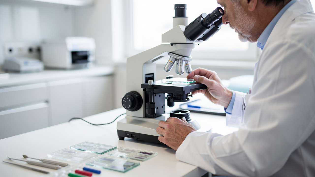 A pathologist reviews microscope slides for a Cancer Diagnosis Second Opinion.