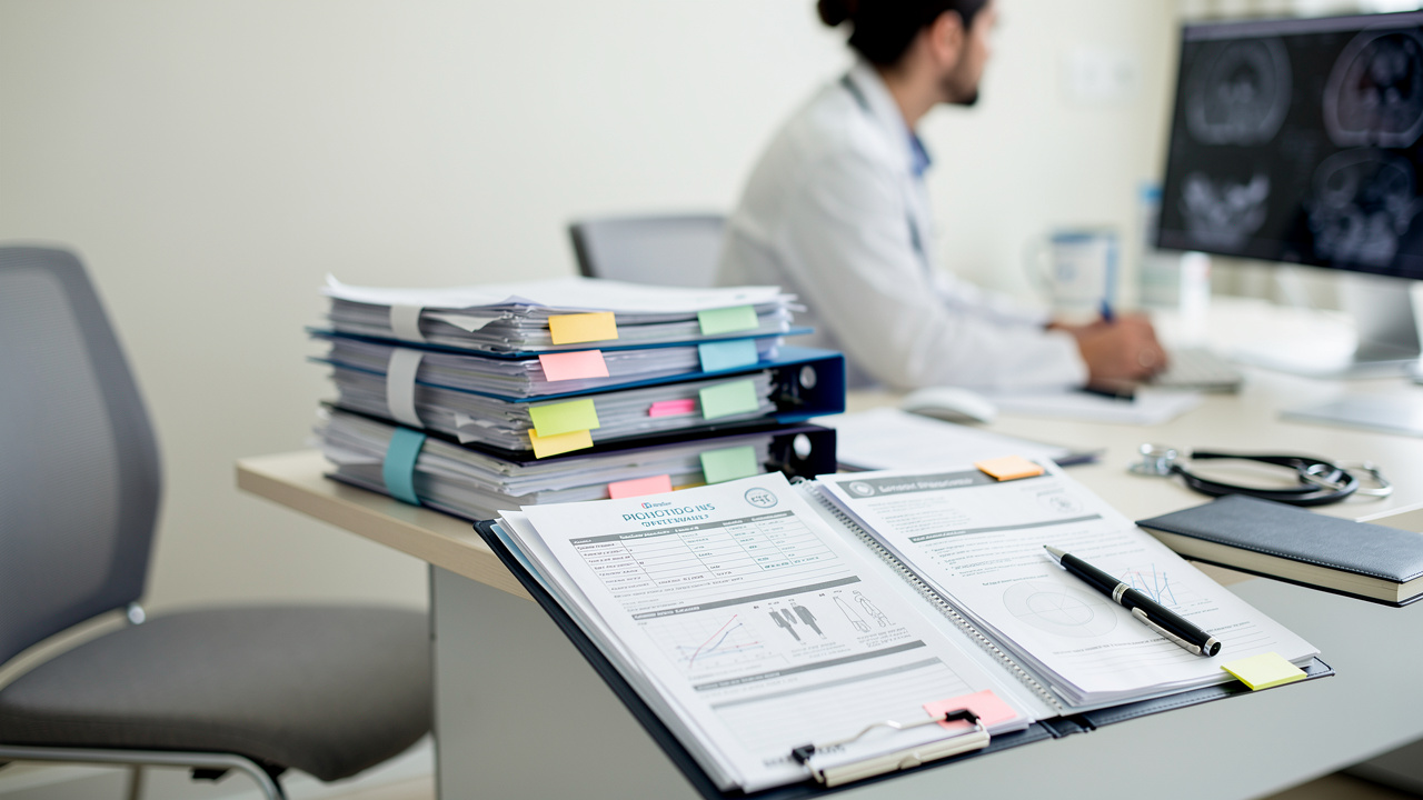 Cancer diagnosis second opinion process shown with organized medical records and pathology reports. Cancer diagnosis second opinion process shown with organized medical records and pathology reports.