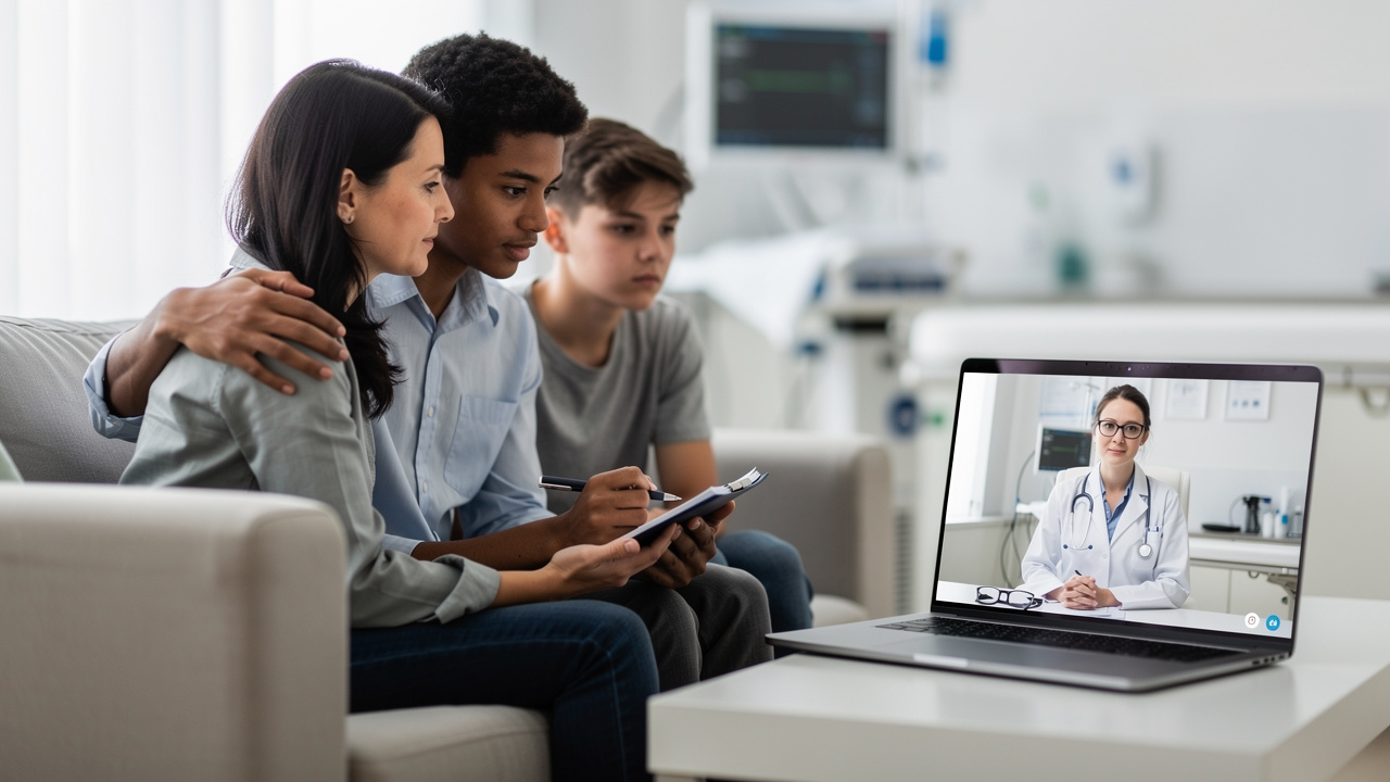 A family discusses a Cancer Diagnosis Second Opinion during a telemedicine visit.