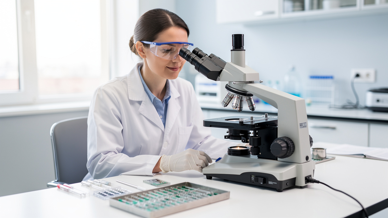 Cancer Pathology Consultation supported by a pathologist reviewing slides in a laboratory.