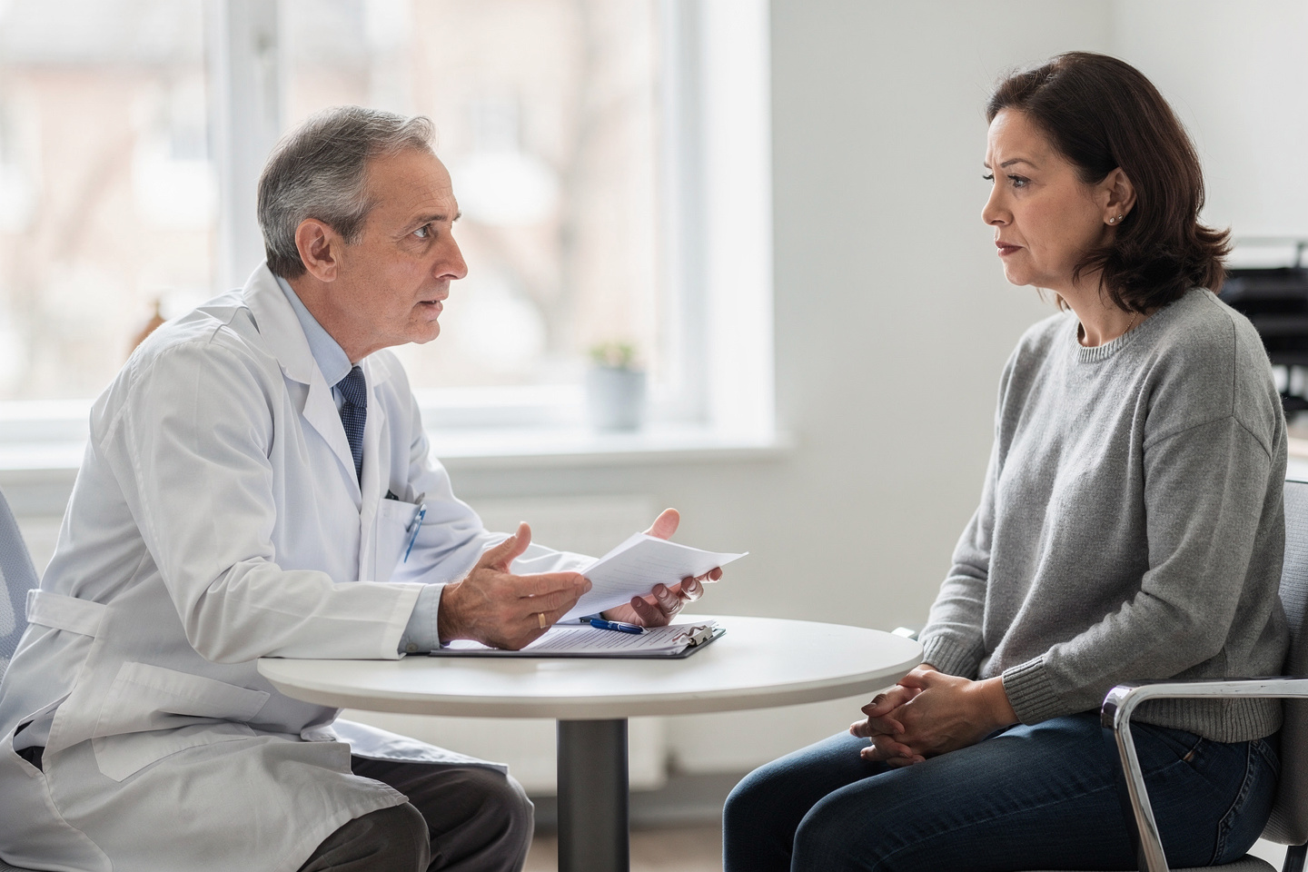 Cancer Pathology Consultation discussion between a doctor and patient reviewing cancer results.