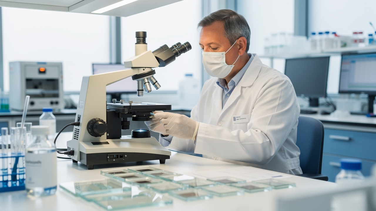 Pathologist reviewing slides under a microscope for a cancer pathology report.