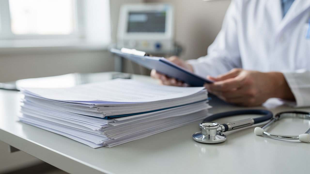 Organized medical records on a desk during cancer pathology report review.