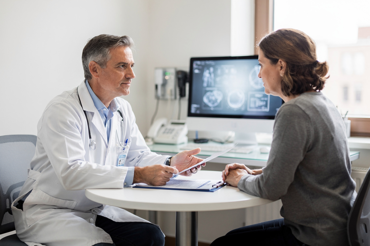 Doctor explaining a cancer pathology report to a patient during a calm office visit.