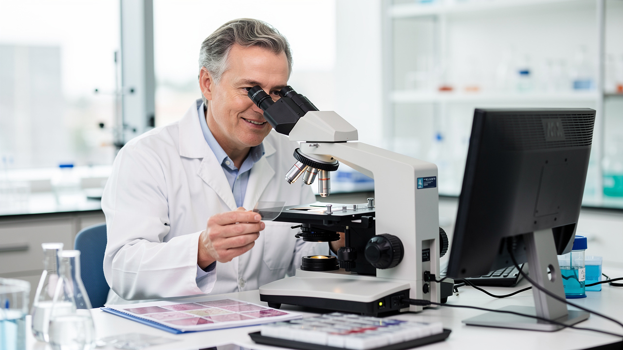 Pathologist reviewing slides for a Cancer Second Opinion in a modern laboratory.