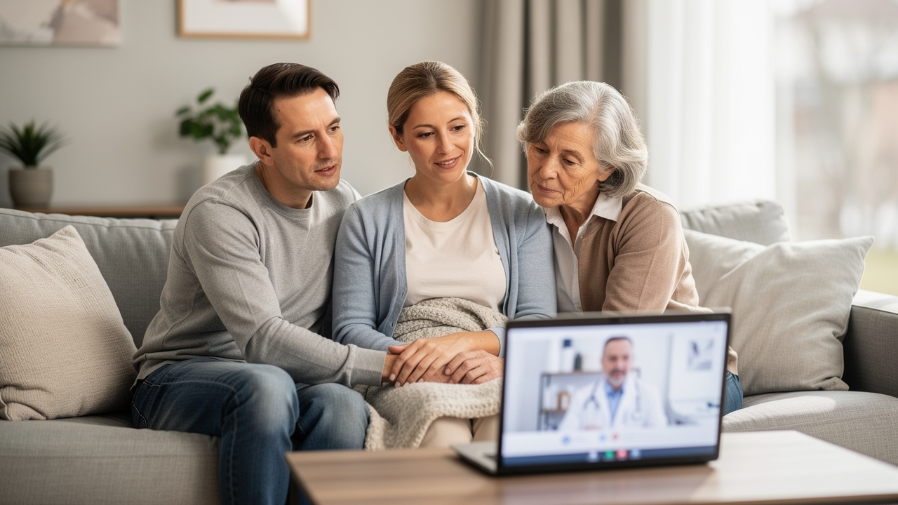 Family attending a telemedicine visit about a Cancer Second Opinion from home.