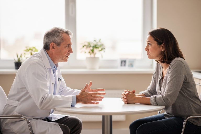 Cancer Second Opinion discussion between a doctor and patient in a calm consultation room.