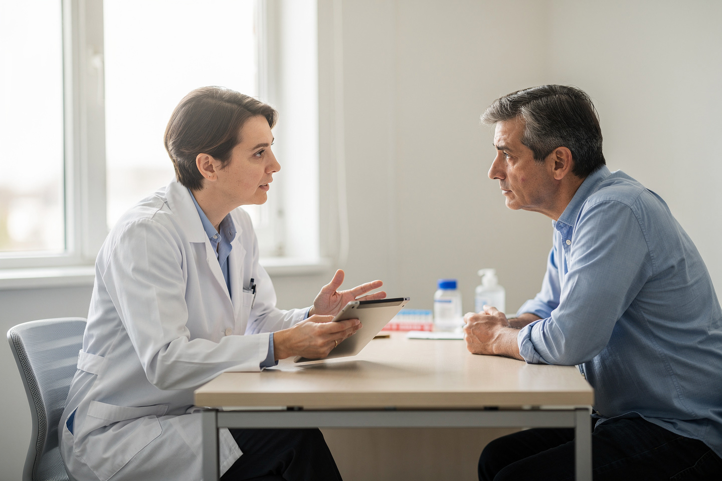 Doctor explaining confusing pathology results to a concerned patient in a calm consultation room.