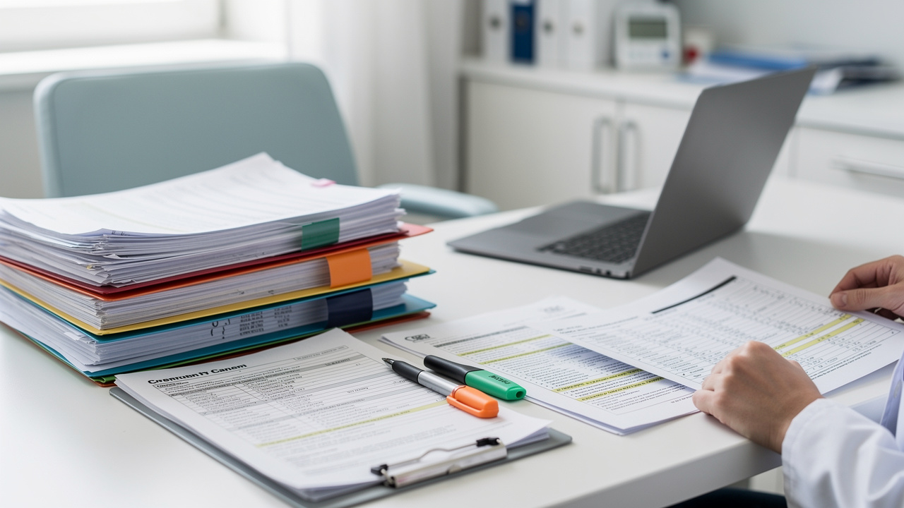 Organized medical records on a desk during review of confusing pathology results. Organized medical records on a desk during review of confusing pathology results.