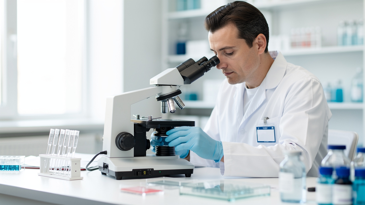 Pathologist reviewing slides under a microscope to clarify confusing pathology results. Pathologist reviewing slides under a microscope to clarify confusing pathology results.