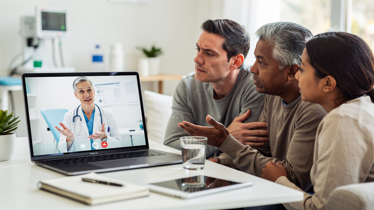 Telemedicine consultation helping a family understand confusing pathology results. Telemedicine consultation helping a family understand confusing pathology results.