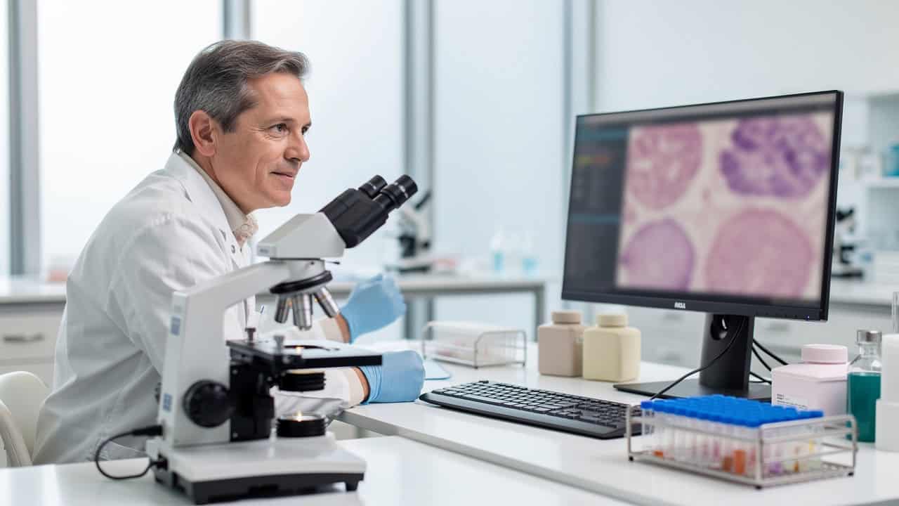 Pathologist in a laboratory reviewing information for a Digital Pathology Consultation.