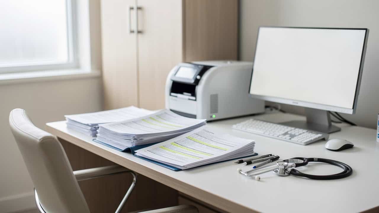 Medical records prepared on a desk before a Digital Pathology Consultation.