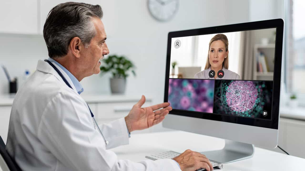 Secure telemedicine visit discussing Digital Pathology Consultation results with a patient.