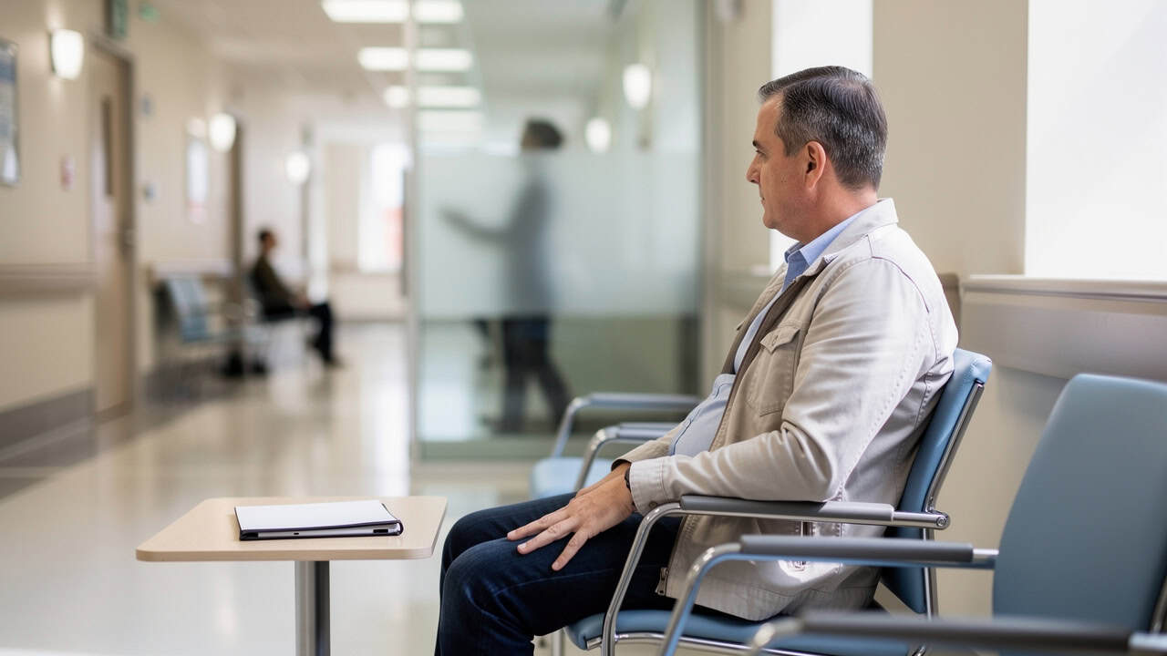 Patient waiting calmly in a hospital setting before discussing Digital Pathology Consultation findings.