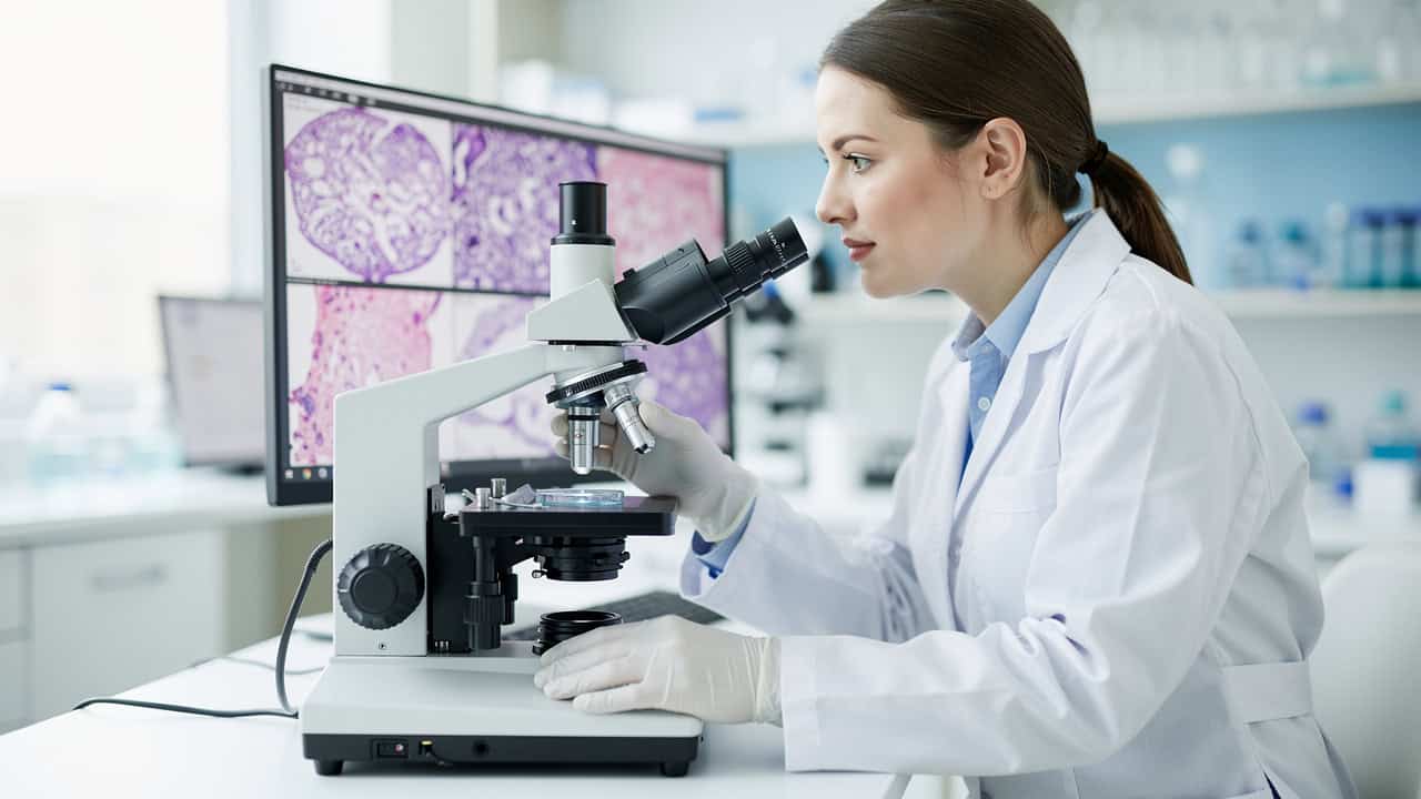 Pathologist comparing Digital pathology slides with a microscope review in the laboratory.