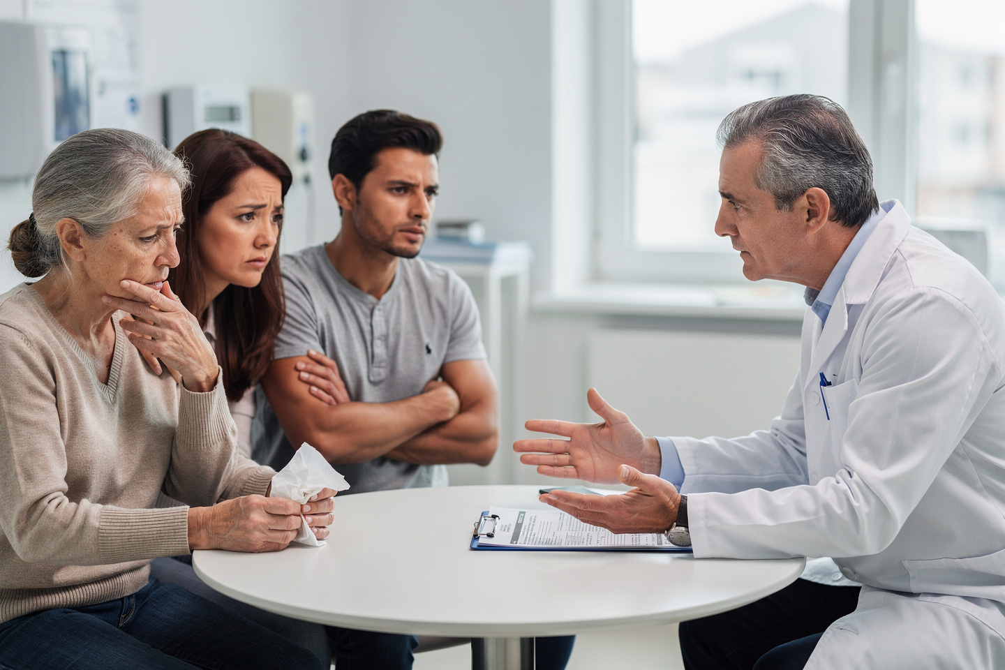 A physician gently explains records to a grieving family trying to Disagree With Autopsy Findings.