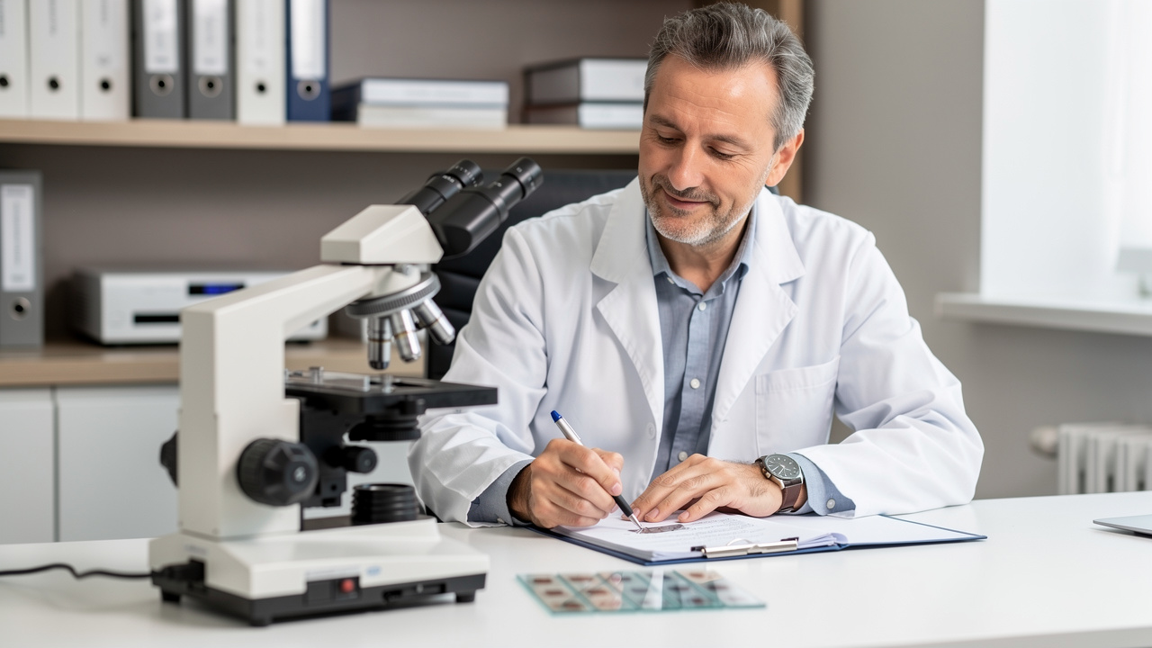 A pathologist reviews slides and notes during a Disagree With Autopsy Findings consultation. A pathologist reviews slides and notes during a Disagree With Autopsy Findings consultation.