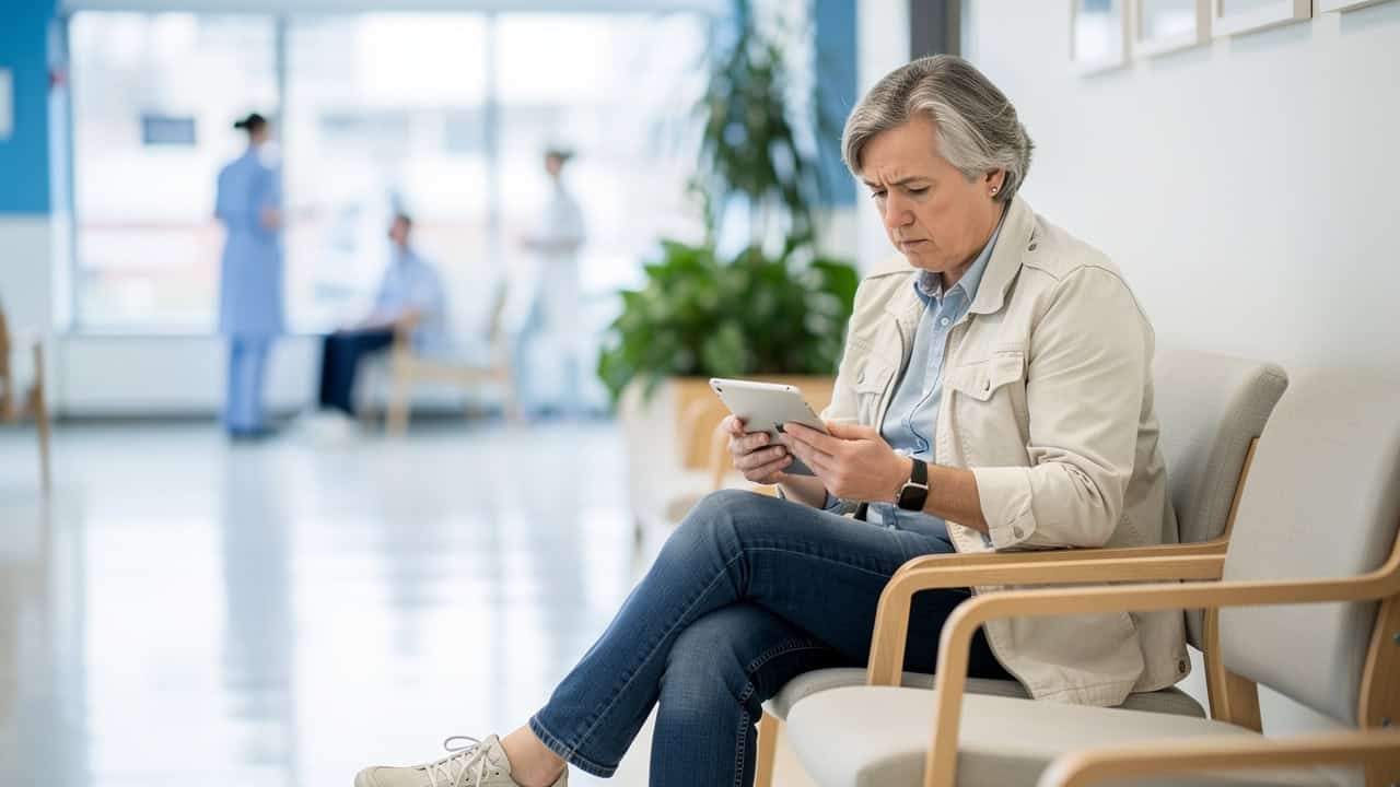 A caregiver reads about Online pathology consultation costs while waiting in a hospital lounge.