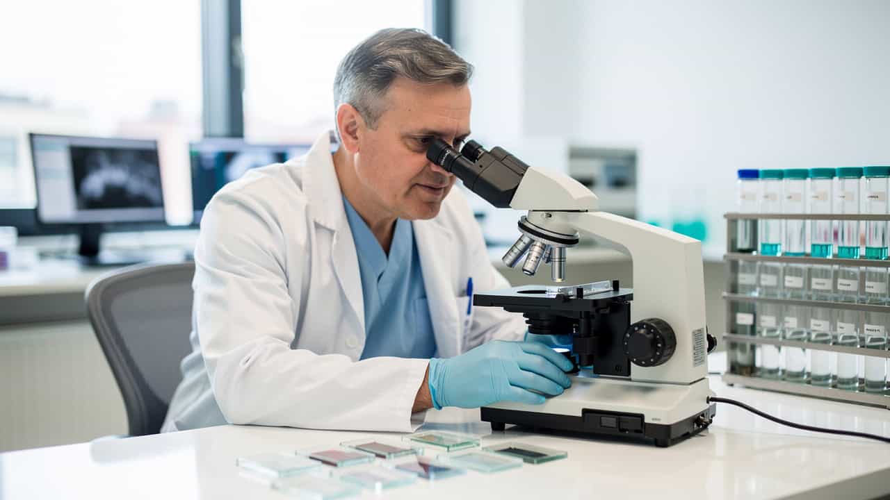 A pathologist in a laboratory reviews slides related to Online pathology consultation costs.